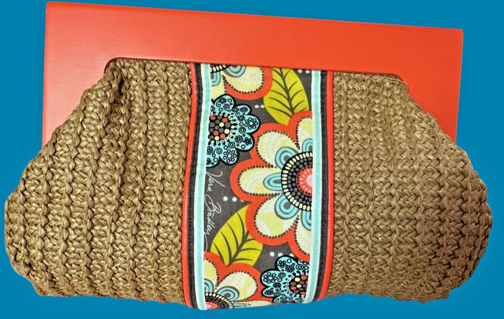 Vera Bradley Straw Clutch Purse Orange Wood Frame Floral Retro Boho Handbag